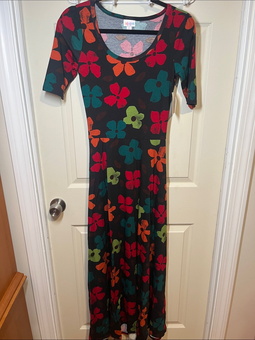 LuLaRoe Black Maxi Dress with Red, Teal, Orange & Lime Floral Print